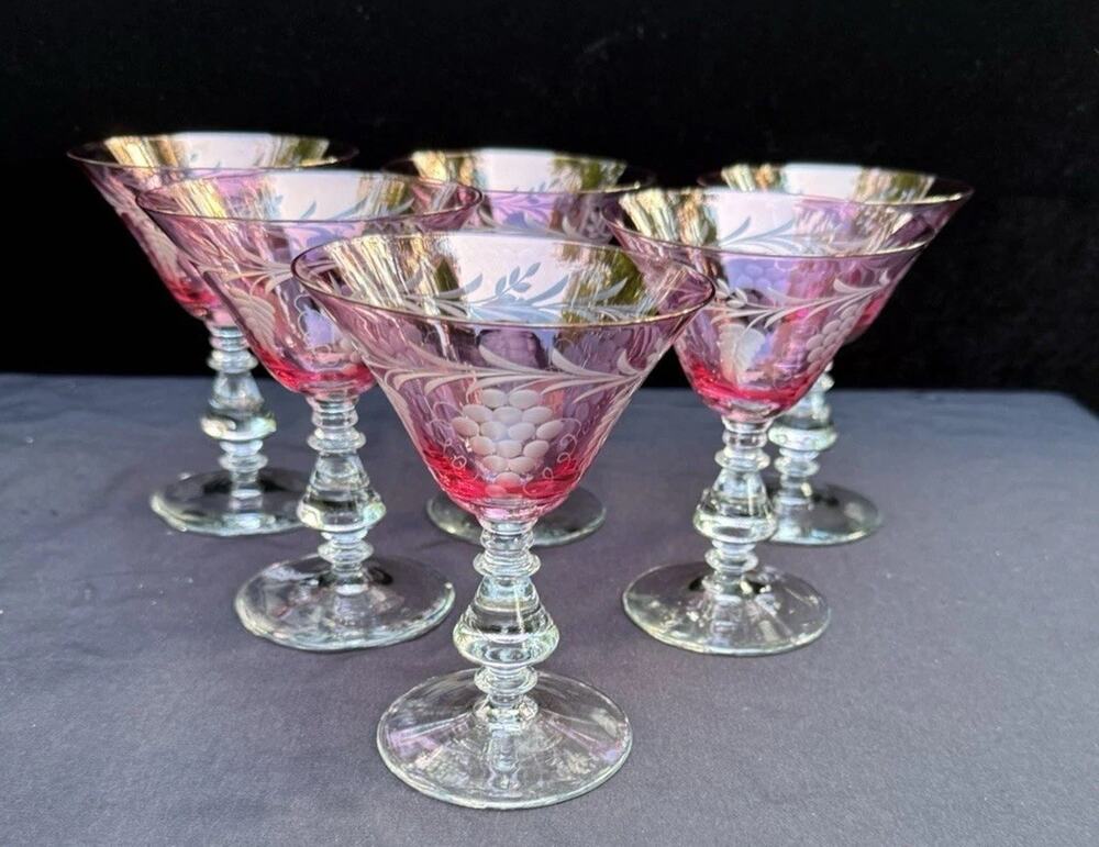 Set Of 6 Bohemian Style Stemmed Glasses Cranberry cut To Clear Grape Vine